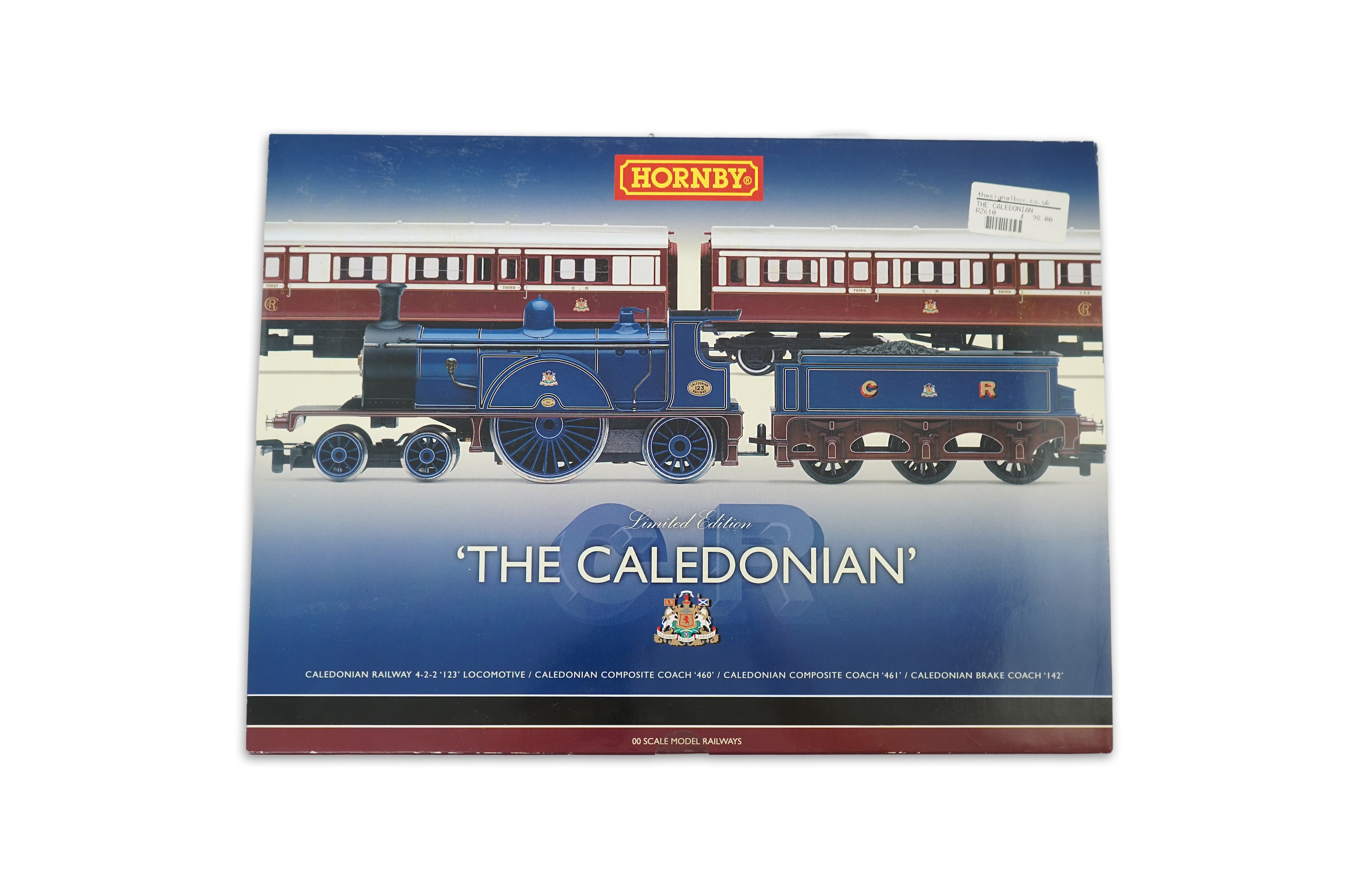 Hornby Hobbies 00 gauge railway ‘The Caledonian’ train pack (R2610), comprising a Caledonian Railway 4-4-2 tender locomotive and two bogie coaches